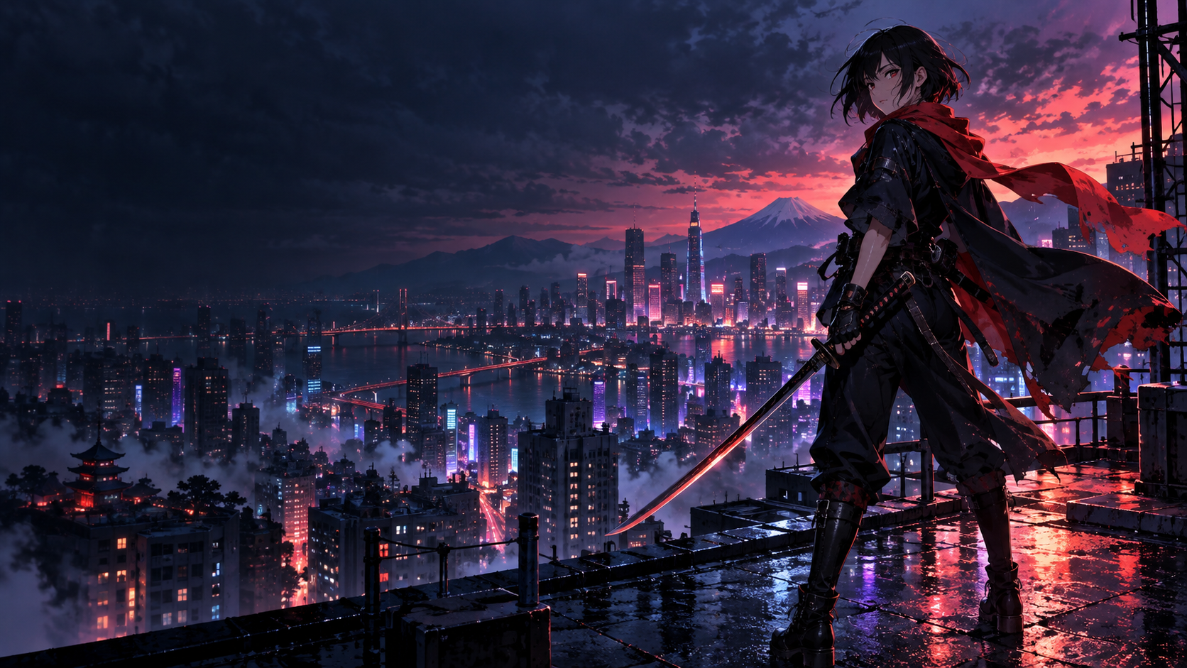 Akari di atas kota futuristik Crimson Requiem